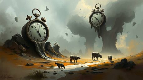 A captivating digital painting depicts a surreal dreamscape featuring melting clocks and floating cows.  The artwork showcase