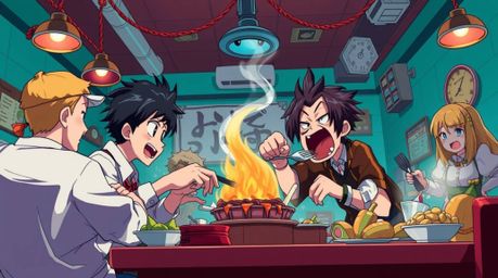 Dive into a vibrant and expressive Isekai anime-style depiction of a chaotic cartoon cafeteria food fight.  Rendered in rich 