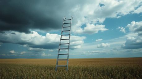 High-resolution stock photo capturing a minimalist scene: a silver ladder stands prominently in an open field beneath a wide,