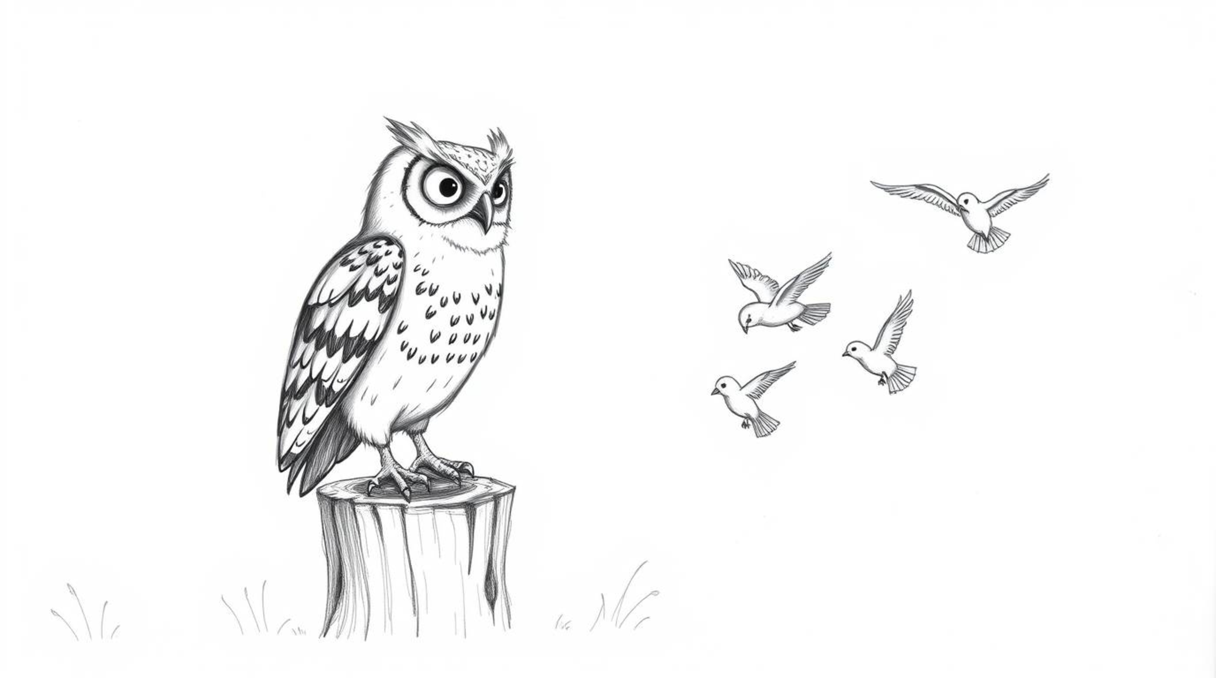 A heartwarming hand-drawn sketch in Pixar style depicts a wise, serene blind owl perched on a rustic tree stump, observing hi