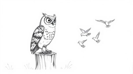 A heartwarming hand-drawn sketch in Pixar style depicts a wise, serene blind owl perched on a rustic tree stump, observing hi