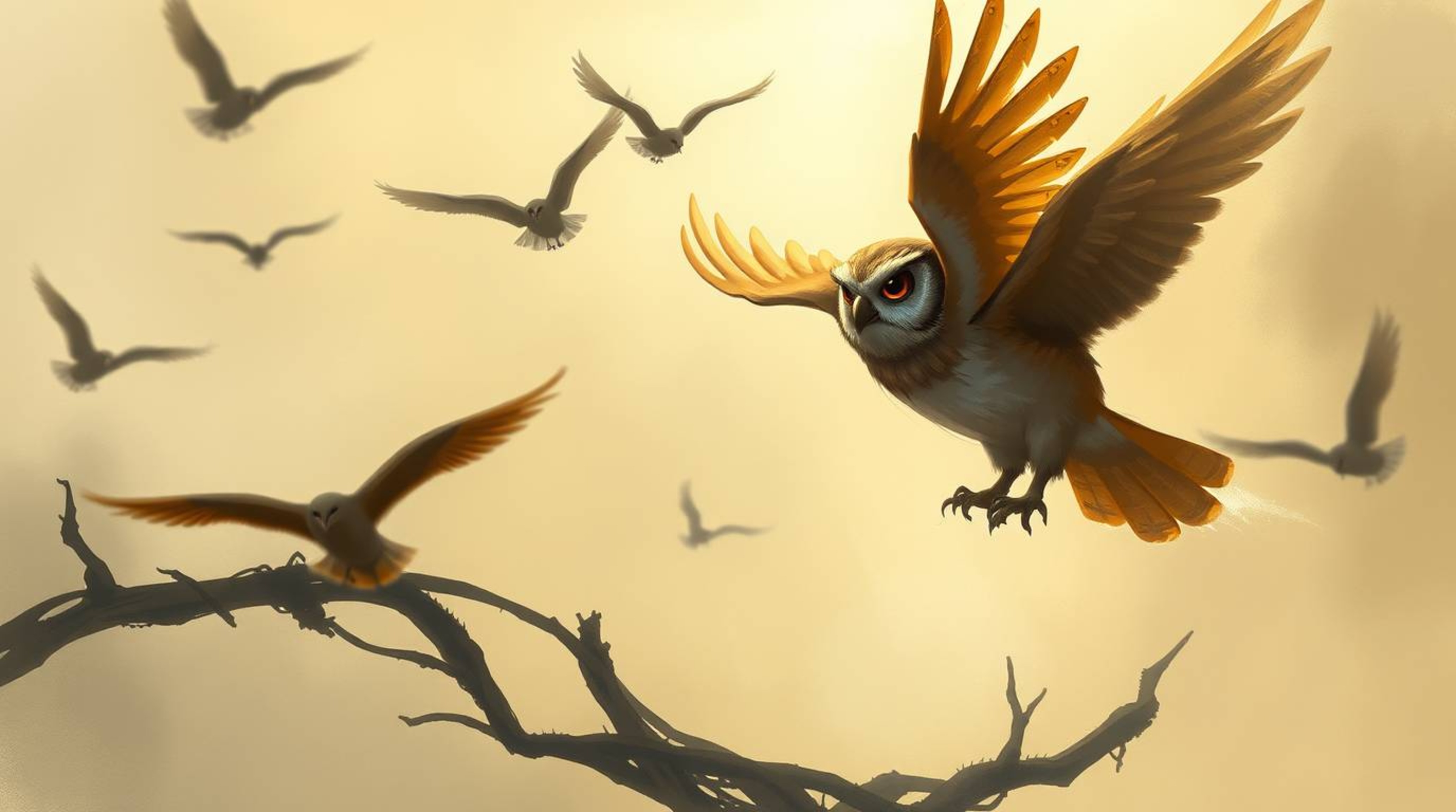 A dynamic digital sketch depicts a blind owl, rendered in a Pixar-inspired style, in the heartwarming act of teaching birds t