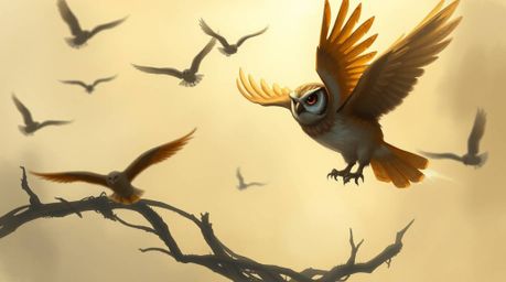 A dynamic digital sketch depicts a blind owl, rendered in a Pixar-inspired style, in the heartwarming act of teaching birds t