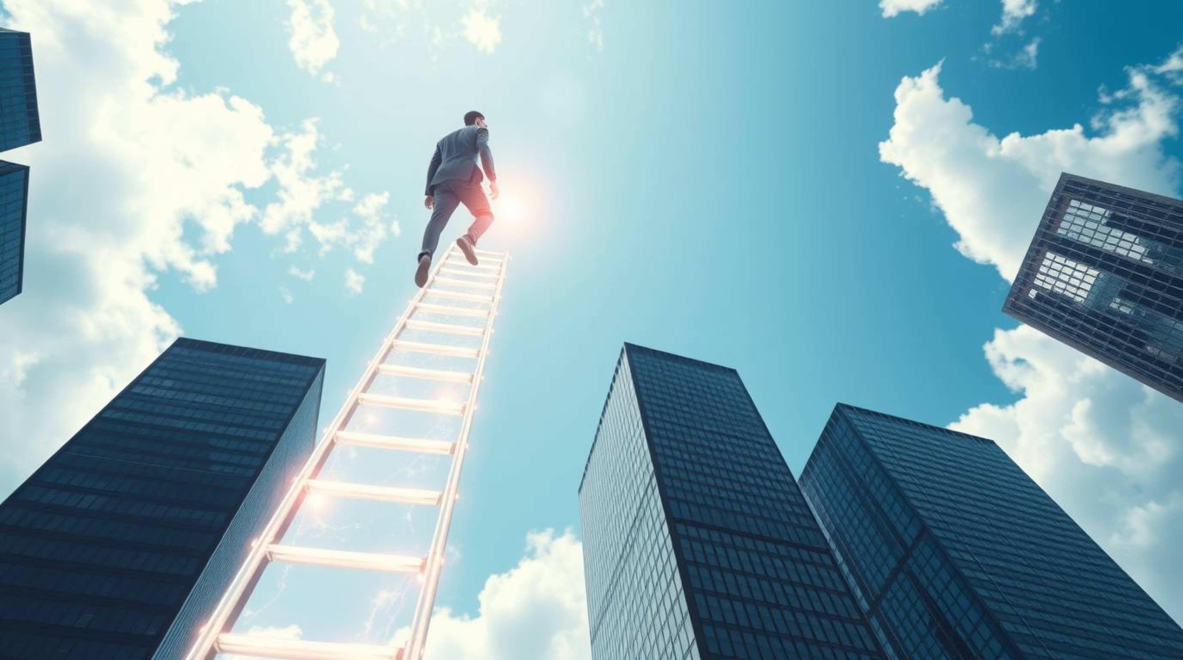 Visualize success in a new light with this ethereal and surreal image of a businessperson ascending a transparent ladder into