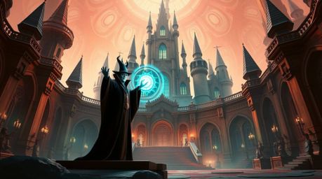 Experience an epic scene showcasing a classic Disney villain conjuring a powerful spell within a grand, futuristic castle. Th