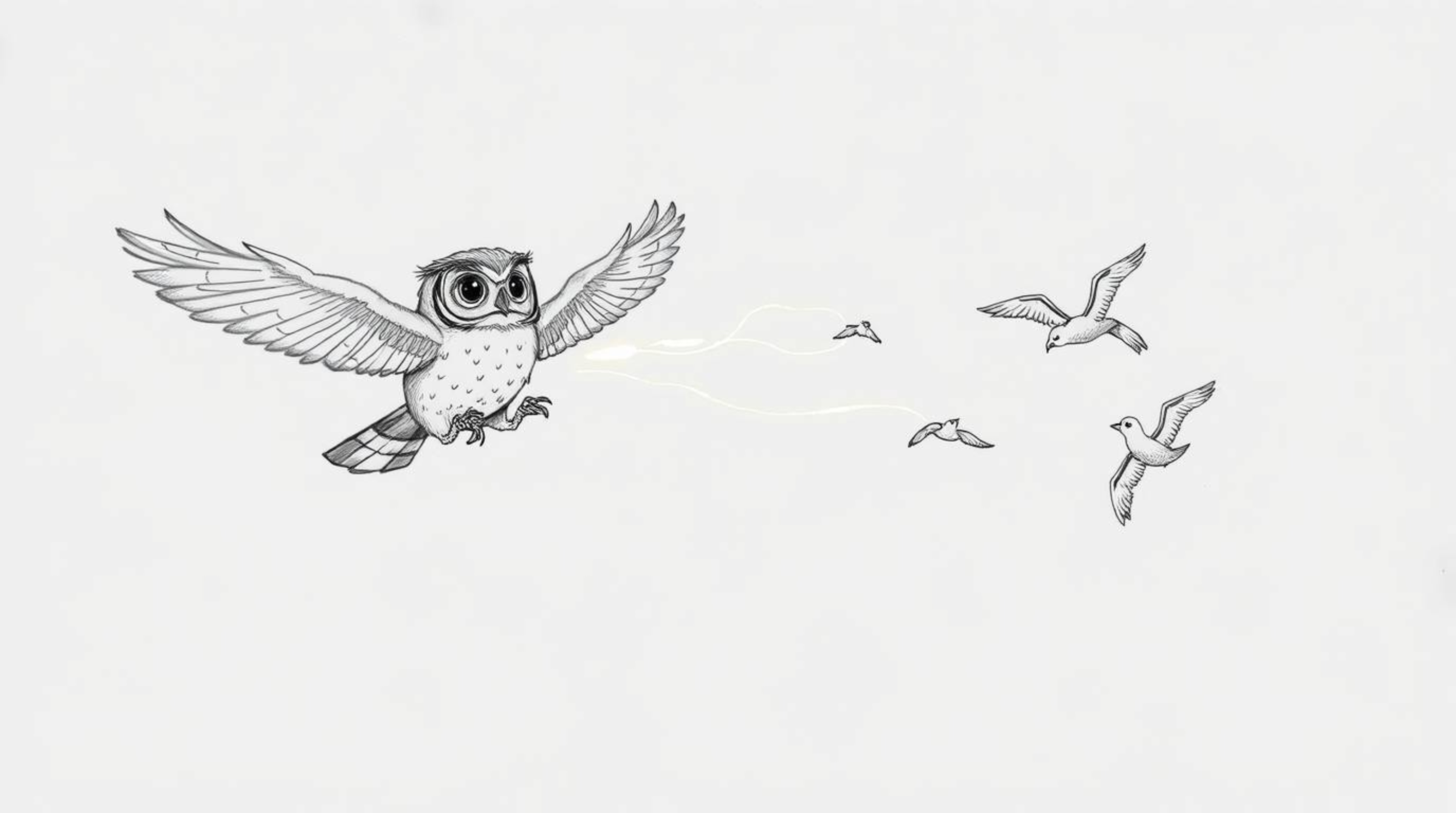 A heartwarming hand-drawn sketch in the style of Pixar shows a blind owl mid-flight, generously teaching several birds how to