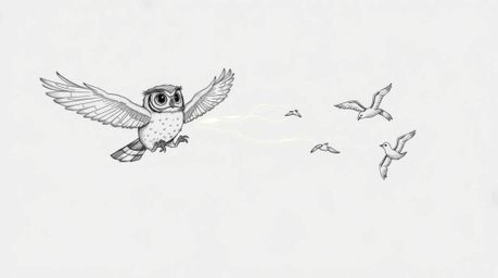 A heartwarming hand-drawn sketch in the style of Pixar shows a blind owl mid-flight, generously teaching several birds how to