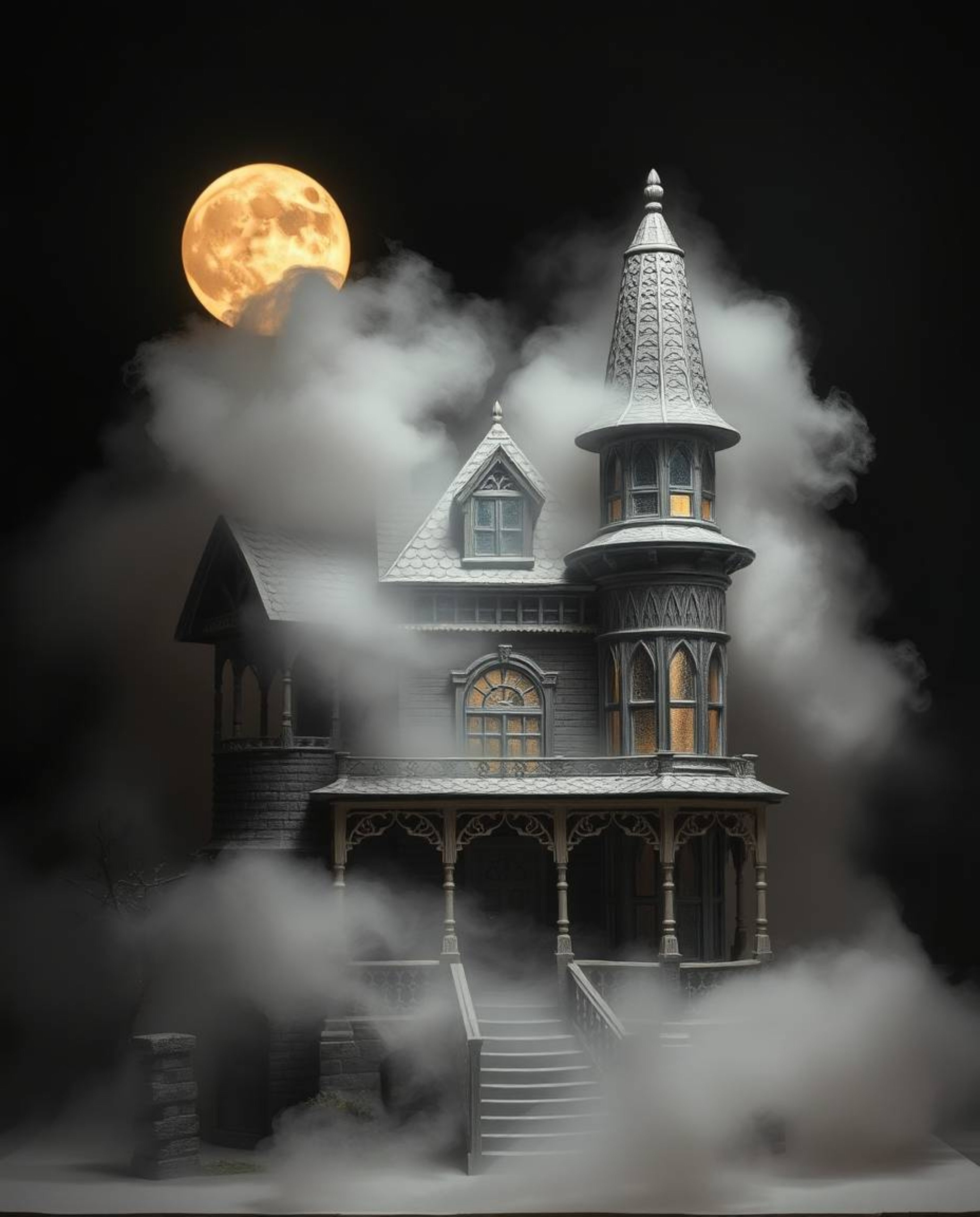 This collection features a fog-covered Victorian mansion under the ethereal moonlight, meticulously crafted from layered papi