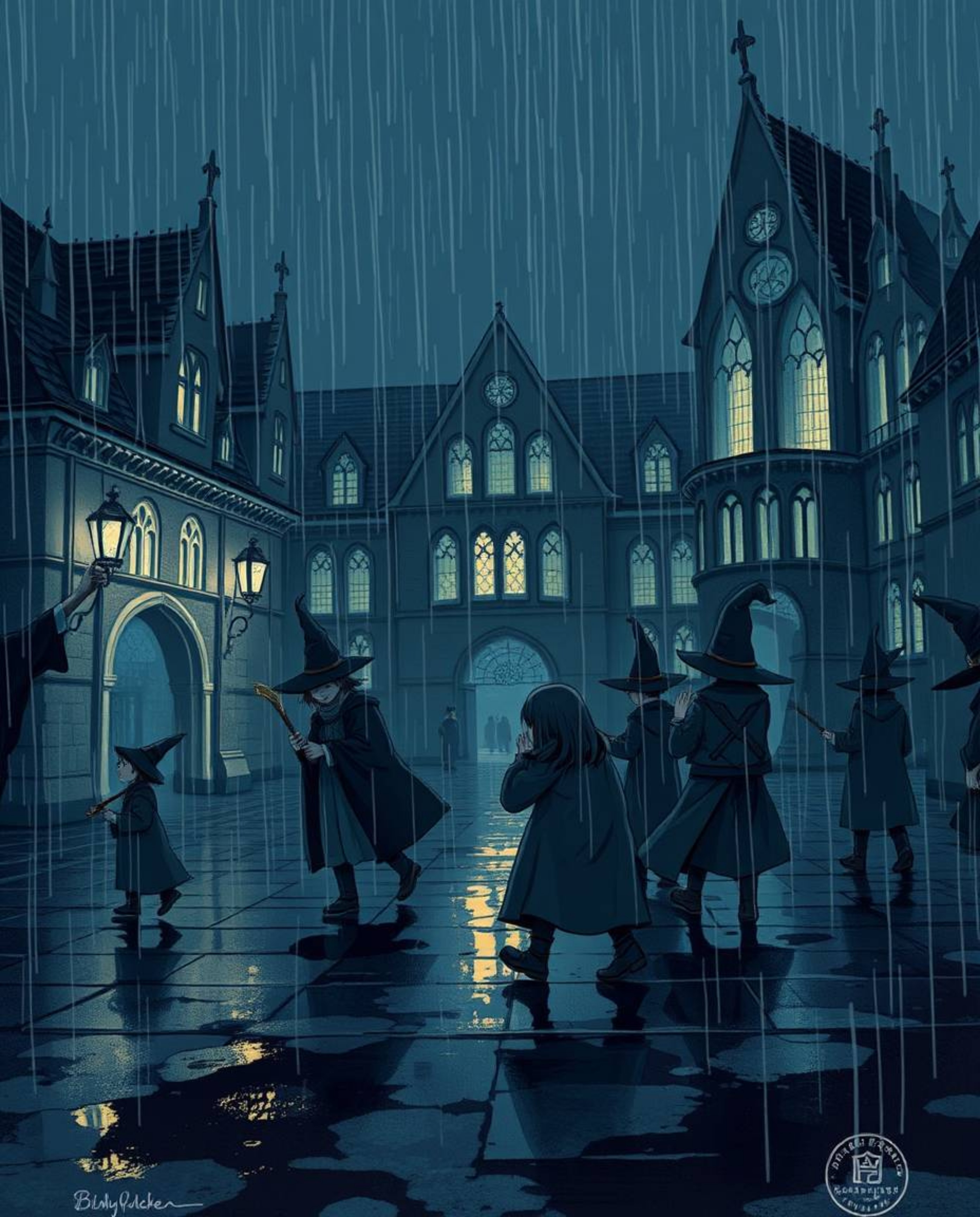 A captivating illustration showcases a magical school for young wizards on a rainy day.  The moody style features drizzling r