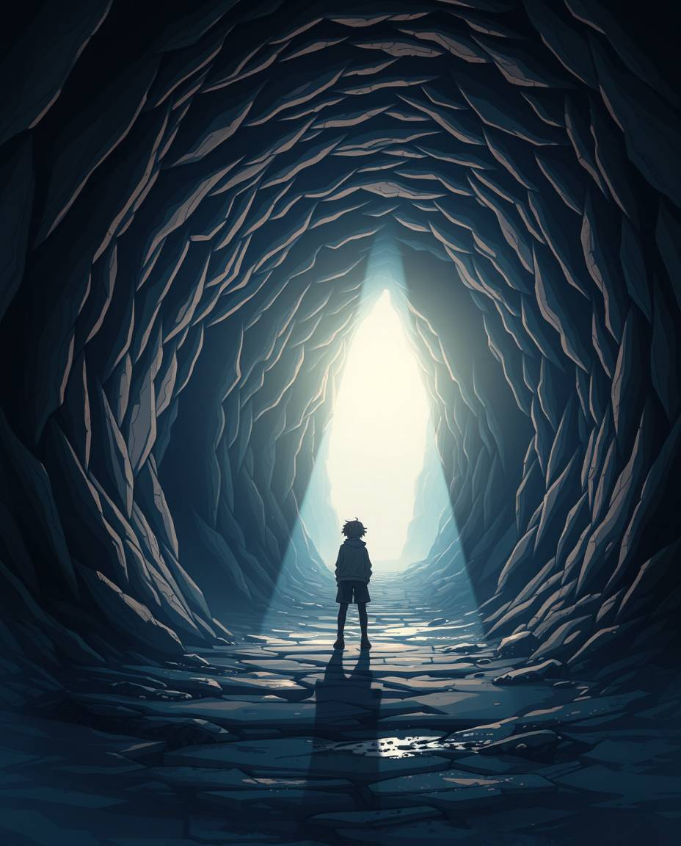 Explore a captivating isekai anime scene featuring a lone figure poised at the entrance of a tunnel, drawn towards a radiant 
