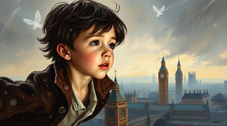 A captivating oil painting showcases a young boy with dark hair soaring above London, playfully scattering pixie dust.  The a