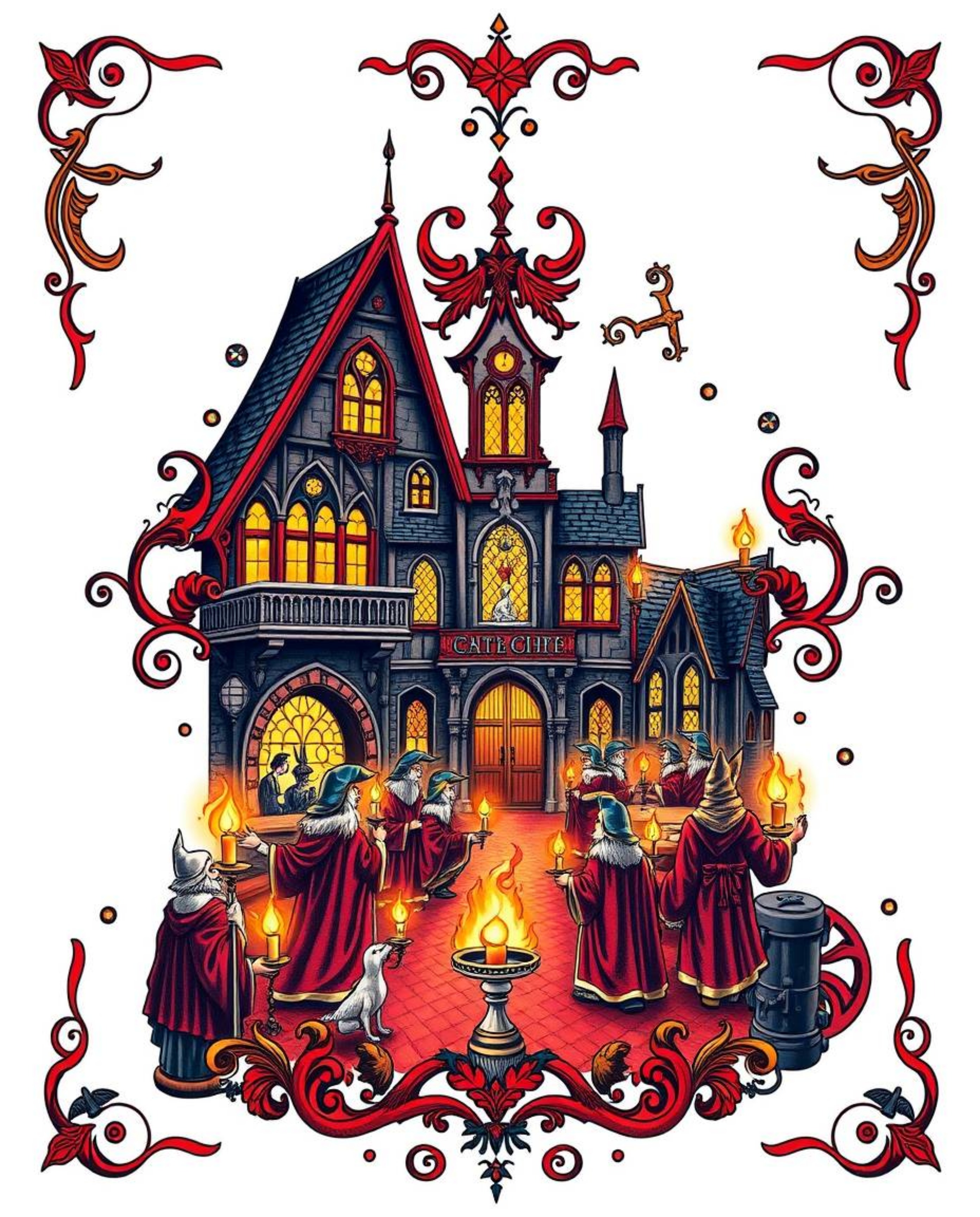 This symbolic traditional tattoo art print depicts a magical school brimming with young wizards, bathed in the warm glow of c