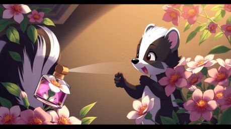 An Isekai anime-style illustration featuring a cartoon skunk playfully spraying perfume onto flowers. The artwork is characte