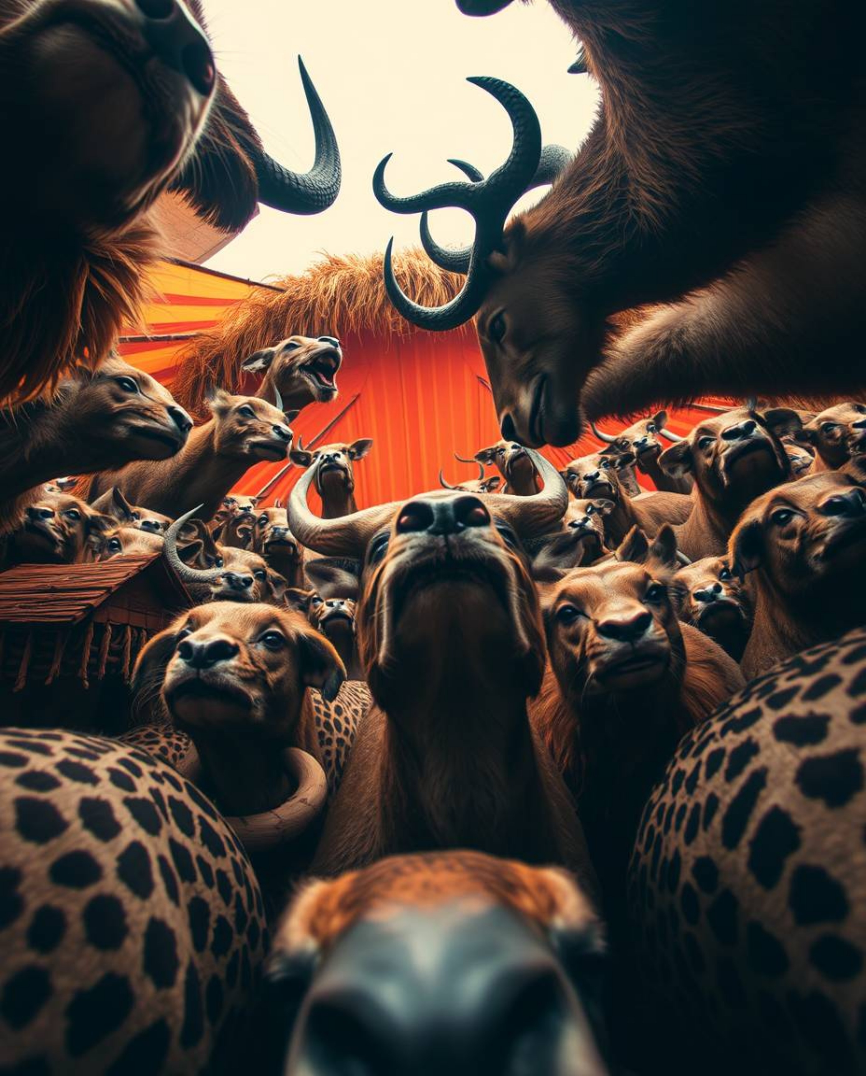 Experience a unique perspective with a low angle view of a carnival overtaken by wild animals. The scene is bathed in natural
