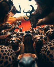 Experience a unique perspective with a low angle view of a carnival overtaken by wild animals. The scene is bathed in natural