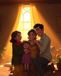This image showcases a heartwarming family reunion depicted in a vibrant Pixar style, bathed in warm golden light that create