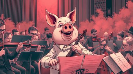 A captivating surreal anime-style image depicts a pig character conducting an orchestra. Rendered in striking infrared tones,