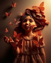A dramatic and captivating image featuring a girl releasing butterflies, meticulously crafted from layered papier-mâché. The 