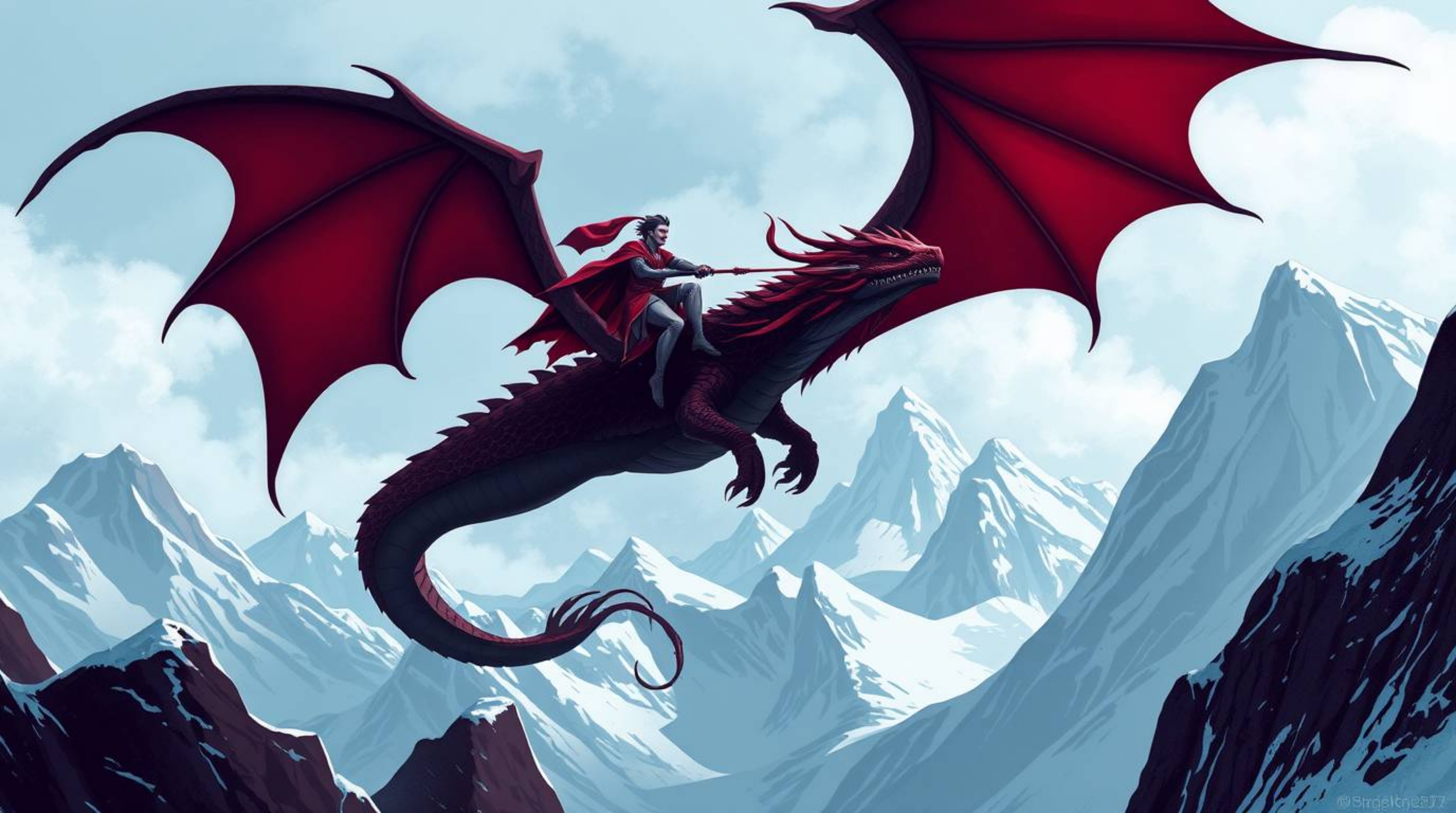 Experience the breathtaking artistry of a dragon and its rider as they ascend above icy mountains, rendered in a sophisticate