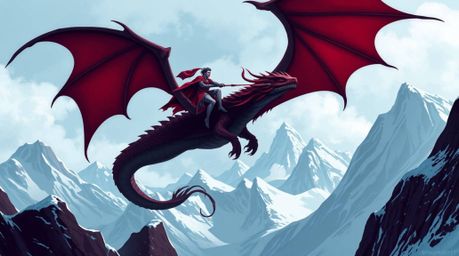 Experience the breathtaking artistry of a dragon and its rider as they ascend above icy mountains, rendered in a sophisticate