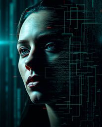 A mesmerizing digital glitch artwork transforming a human face into a data stream, illuminated by strong hard light. The piec