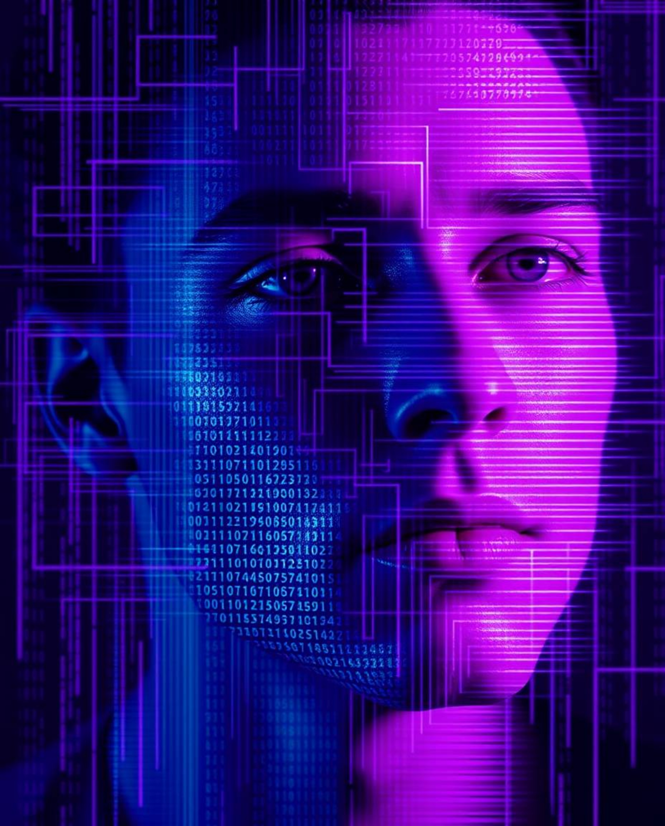 Witness a striking digital artwork showcasing the transformation of a human face into a mesmerizing data stream. Rendered wit