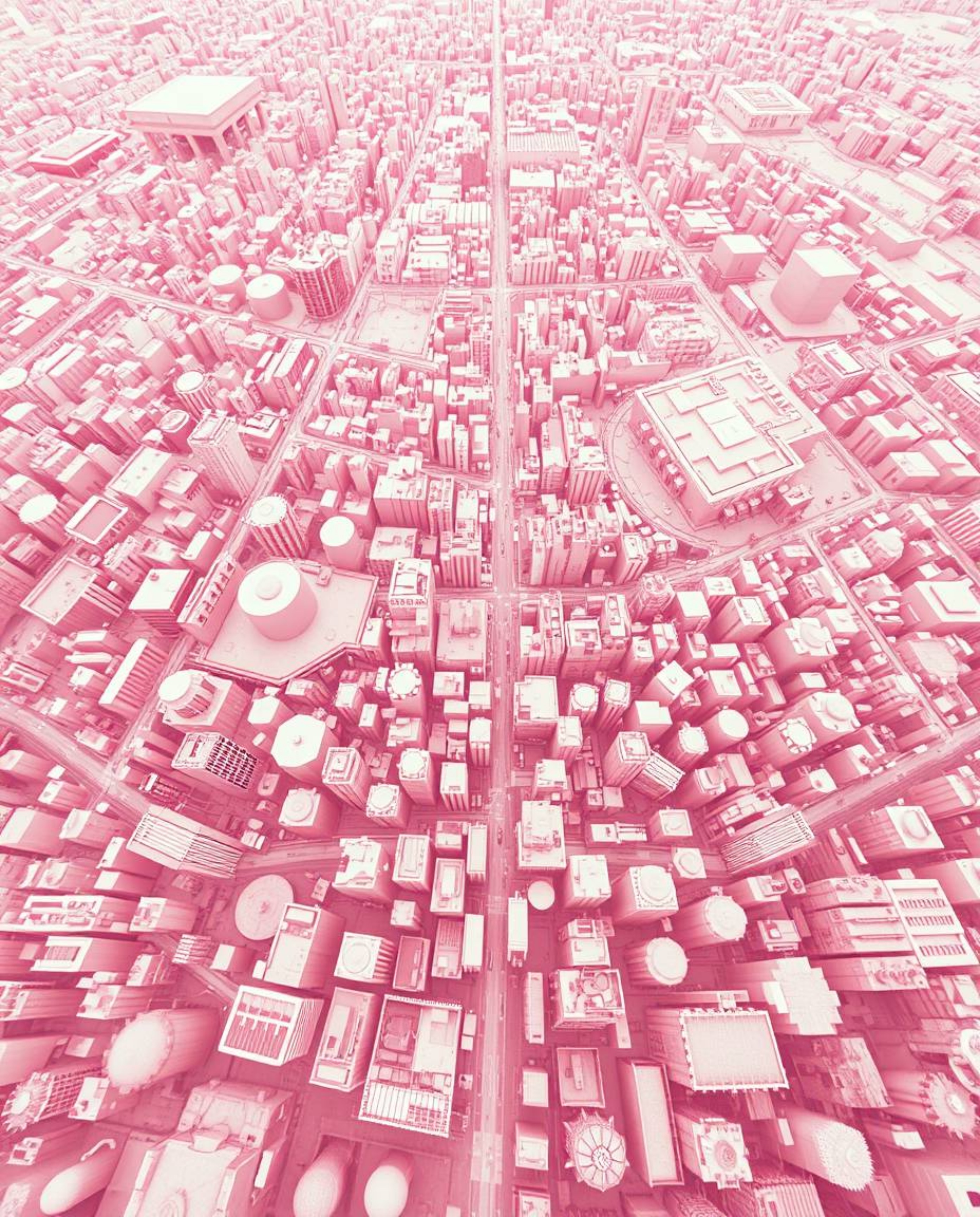 Explore a surreal, high-angle infrared photograph depicting an abstract city map composed of geometric shapes, viewed from an