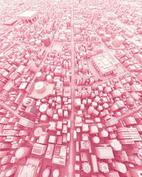 Explore a surreal, high-angle infrared photograph depicting an abstract city map composed of geometric shapes, viewed from an