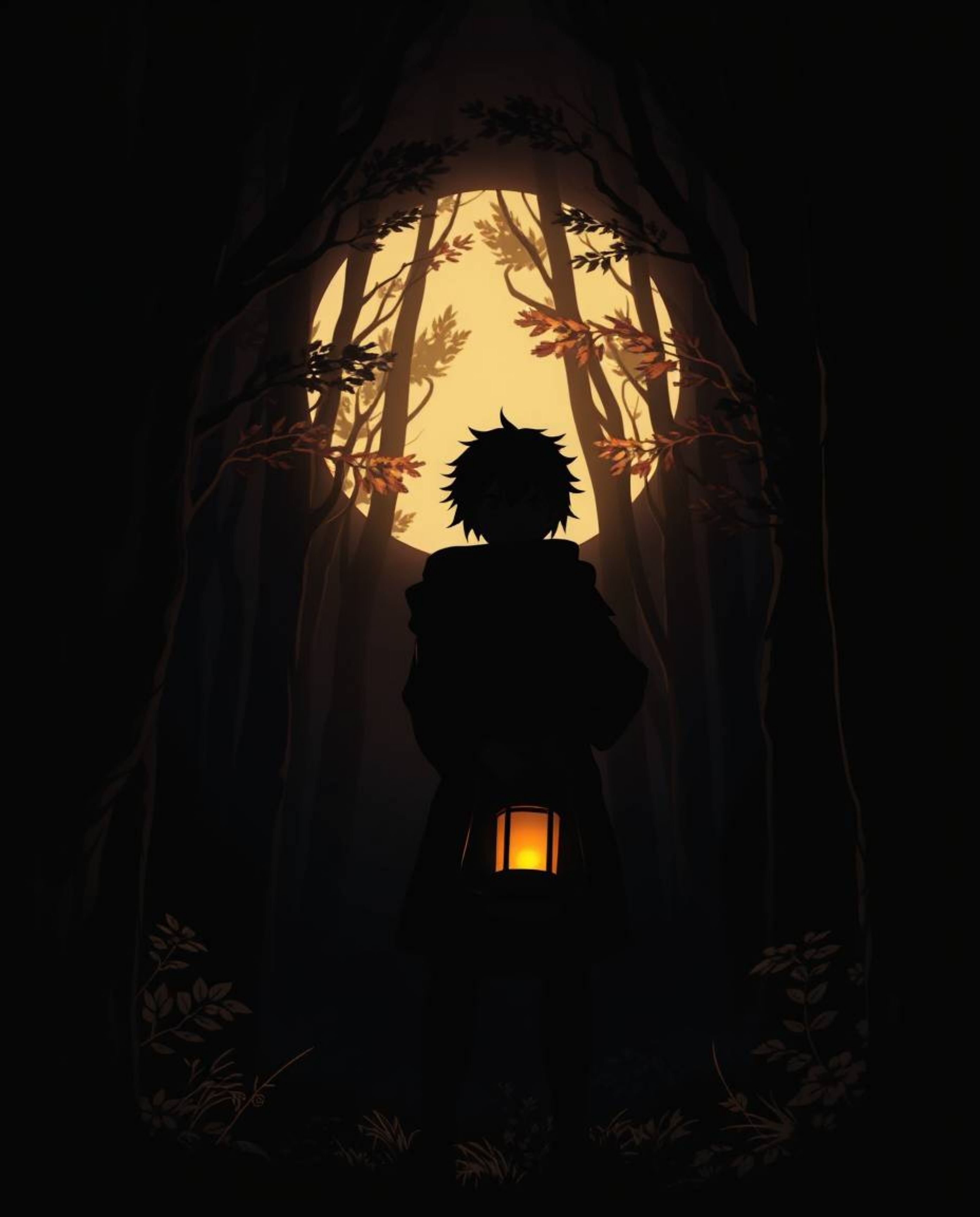A captivating image in the style of Isekai anime, featuring a silhouetted figure backlit by a glowing lantern in a dark fores