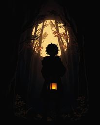 A captivating image in the style of Isekai anime, featuring a silhouetted figure backlit by a glowing lantern in a dark fores