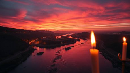 Experience the serene beauty of a winding river reflecting a dramatic orange-pink sky, softly illuminated by the warm, flicke
