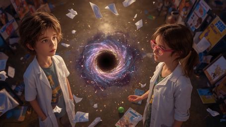 A dramatically lit, cinematic photograph captures two young scientists, a boy with curious blue eyes and a girl with a determ