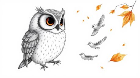 A heart-warming scene depicts a blind owl, its soft feathers rendered in intricate detail, guiding small birds as they learn 