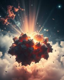 Explore a breathtaking cinematic image of colliding galaxies in a cosmic explosion, rendered in intricate origami style with 