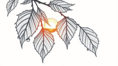 A captivating hand-drawn sketch depicting a dramatic sunset reflected in raindrops clinging to leaves.  The artwork features 