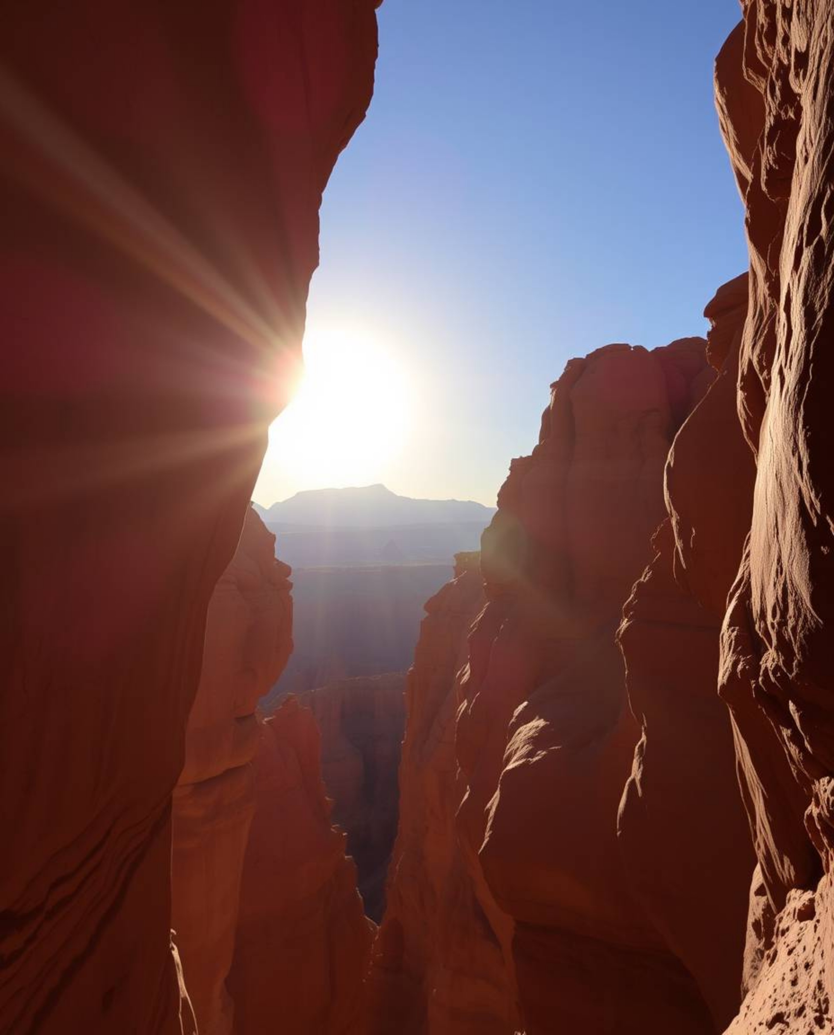 A photograph captures sandstone cliffs in a canyon, illuminated by a sunset that casts strong, harsh light across the scene. 