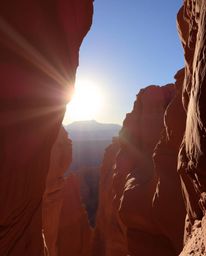 A photograph captures sandstone cliffs in a canyon, illuminated by a sunset that casts strong, harsh light across the scene. 