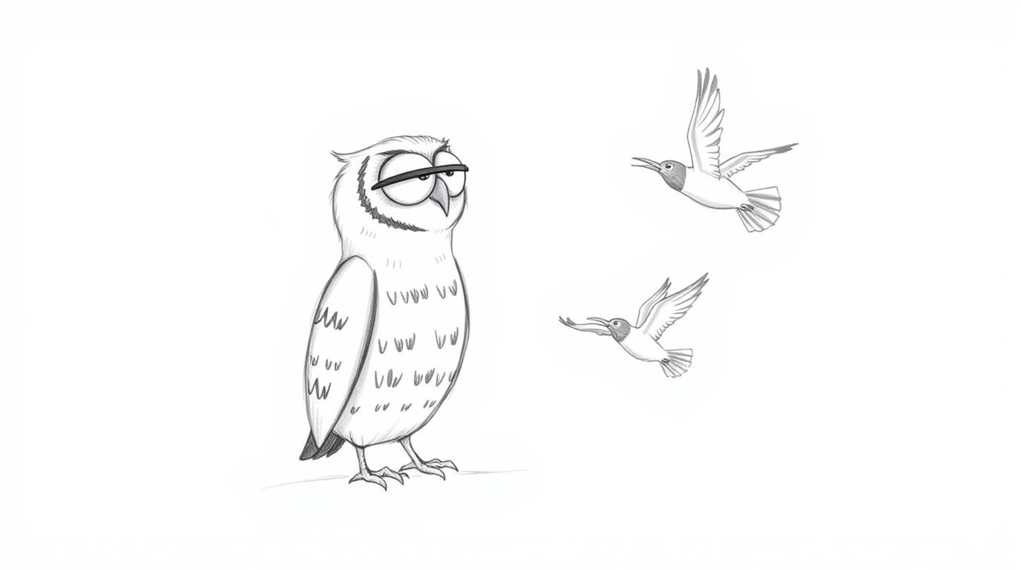 A heartwarming hand-drawn sketch in the style of Pixar, depicting a blind owl patiently guiding birds in their first flight. 