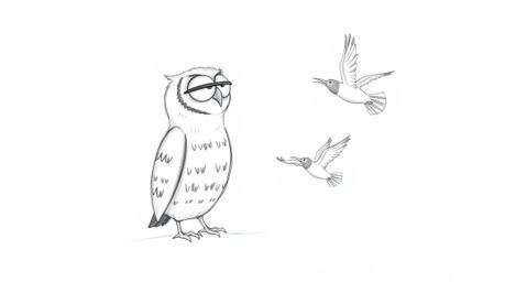 A heartwarming hand-drawn sketch in the style of Pixar, depicting a blind owl patiently guiding birds in their first flight. 