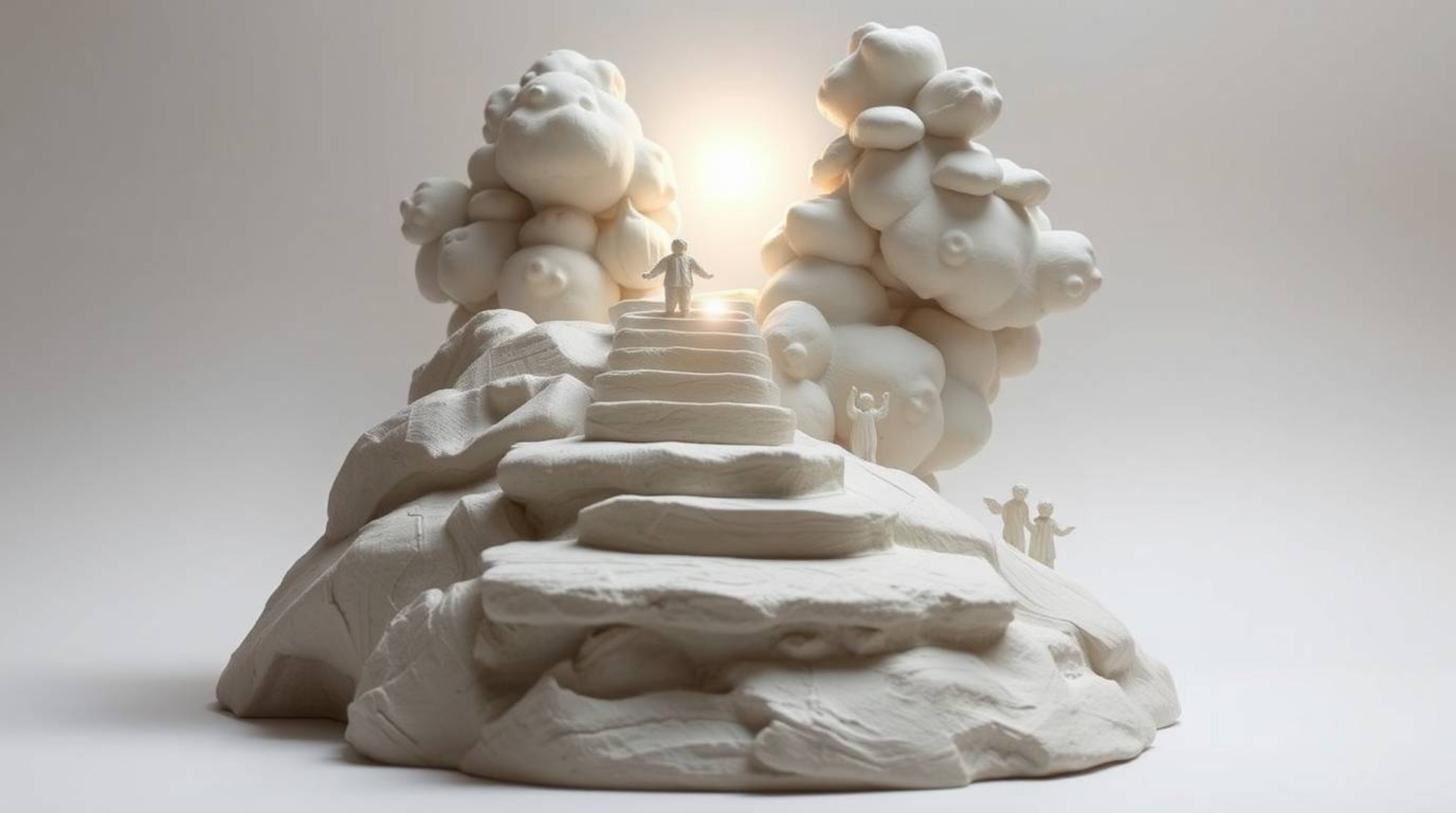 This sculptural clay art depicts steps of light ascending into a cloudy sky, with angelic figures observing from the horizon.