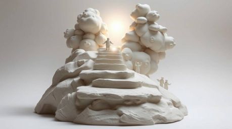 This sculptural clay art depicts steps of light ascending into a cloudy sky, with angelic figures observing from the horizon.