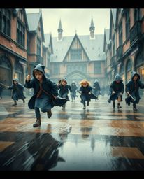 Capture the essence of a dynamic, wet, and rainy scene featuring a magical school brimming with young wizards in motion. The