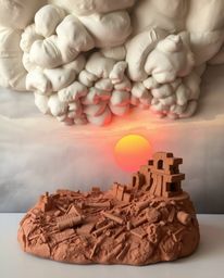This sculptural clay art piece depicts a powerful sunrise emerging over a war-torn landscape, capturing a scene filled with i