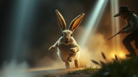 Experience the whimsical adventure of a wacky rabbit with exaggerated features, bathed in ethereal volumetric lighting, as it