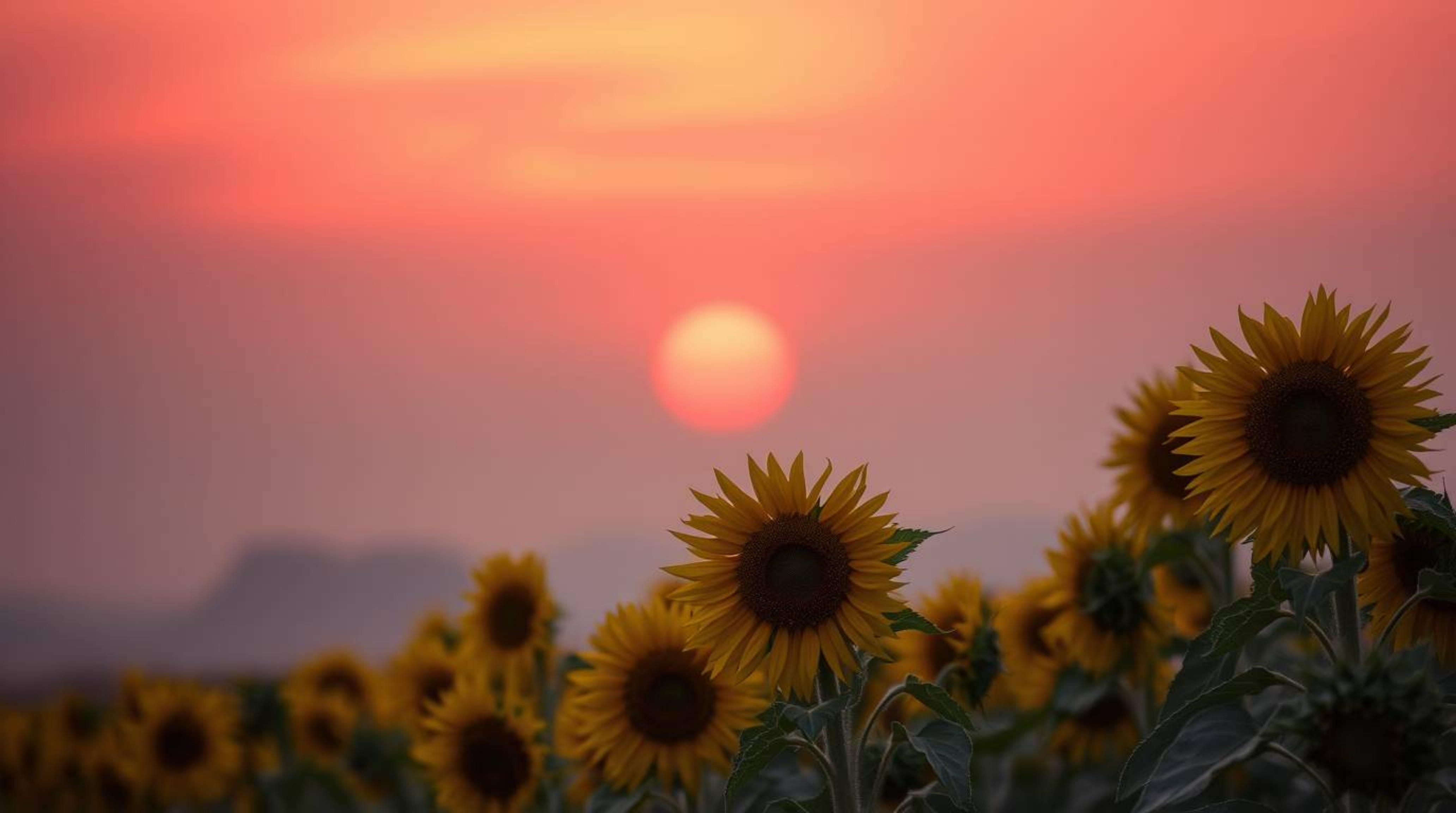A breathtaking image of a sunflower field bathed in the warm glow of a deep red and purple sunset. Soft cinematic haze create