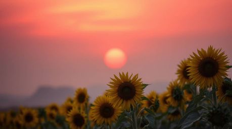 A breathtaking image of a sunflower field bathed in the warm glow of a deep red and purple sunset. Soft cinematic haze create