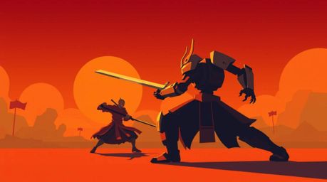 Experience a minimalist dystopian world where a samurai and robot clash in an epic battle. The scene is bathed in dramatic li