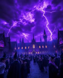 Immerse yourself in a magical school brimming with young wizards, rendered in striking deep ultraviolet hues. This high contr