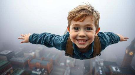 A whimsical illustration depicts a young boy with rosy cheeks soaring above a London cityscape cloaked in thick fog. His fli