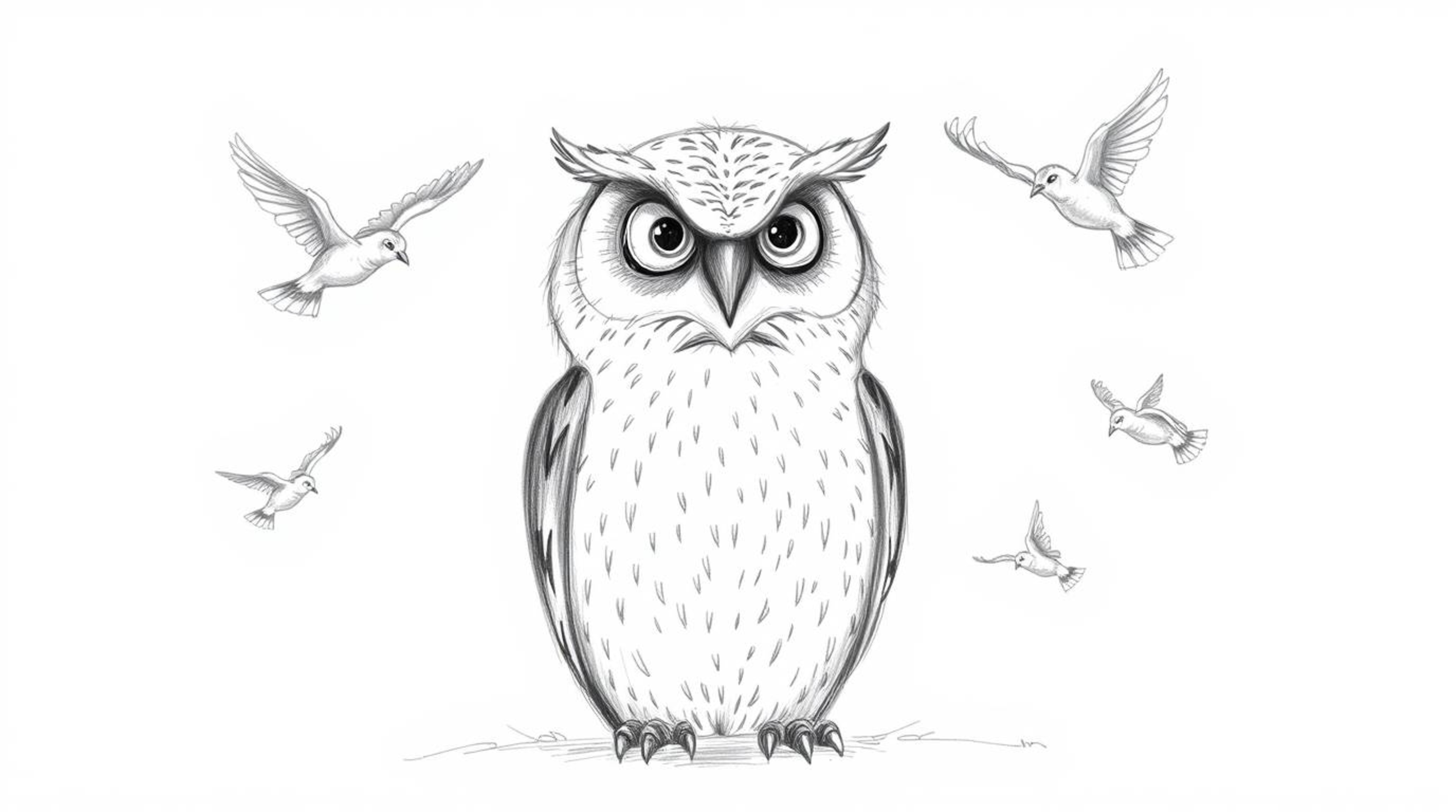 A captivating hand-drawn sketch in Pixar style depicts a blind owl with soft, expressive features, patiently sitting as young